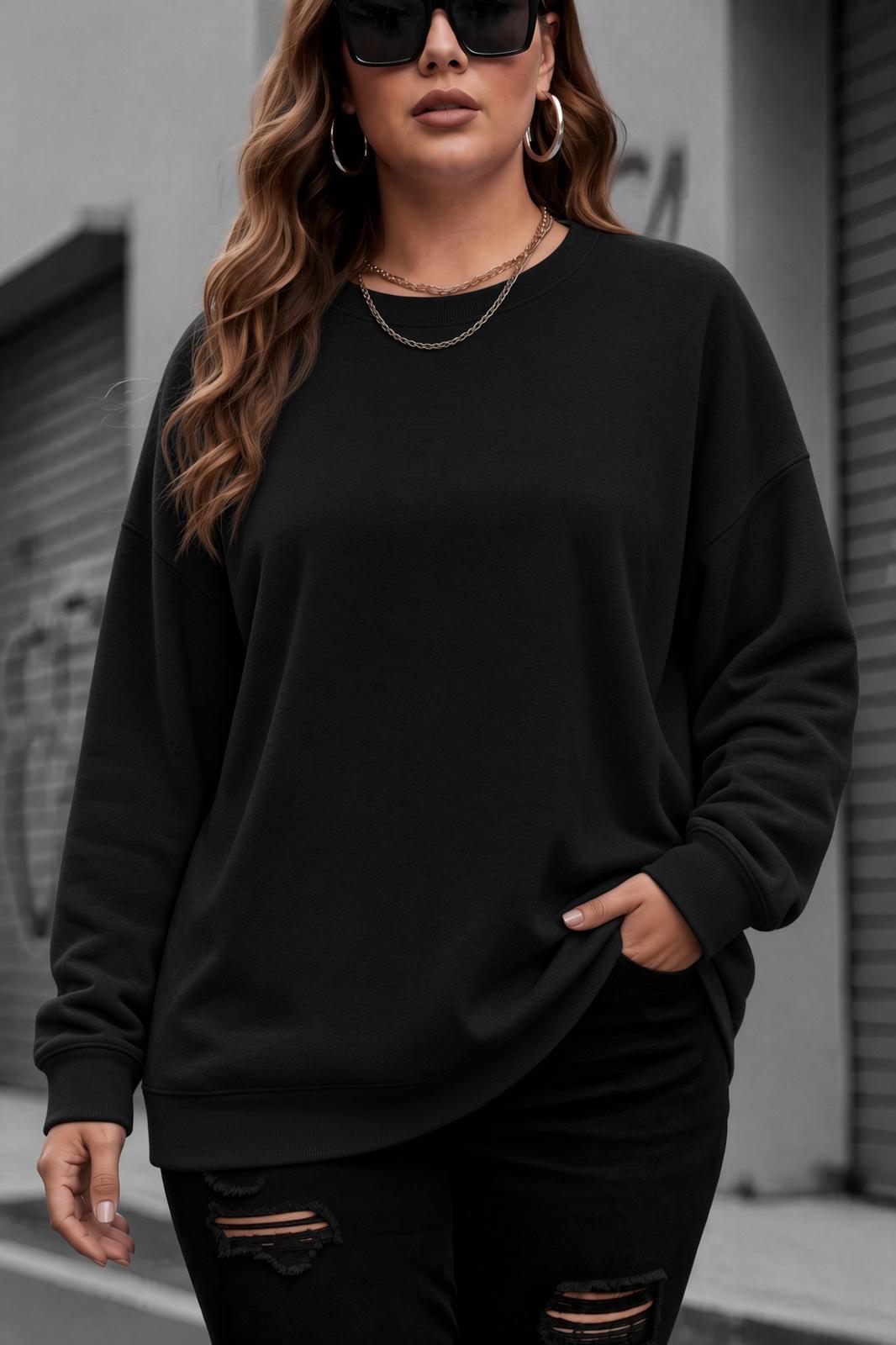 Uly Kadın Büyük Beden Battal Basic Bisiklet Yaka İki İplik Pamuklu Sweatshirt Rahat Kesim Unisex Sevgili Kombini