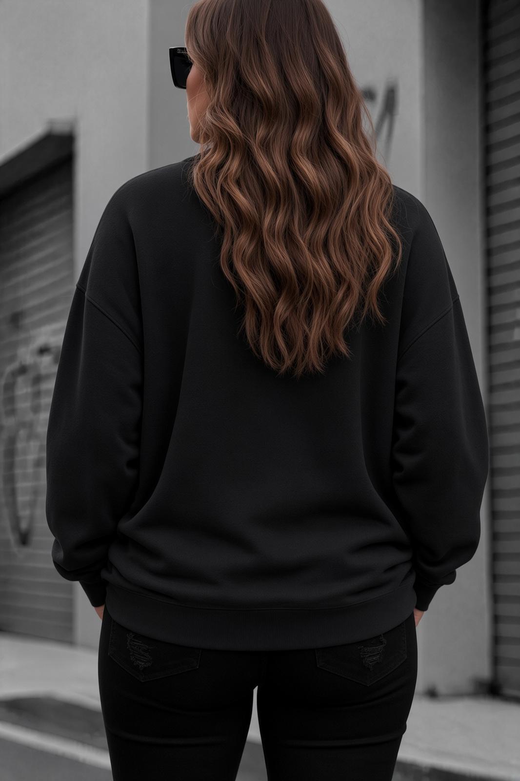 Uly Kadın Büyük Beden Battal Basic Bisiklet Yaka İki İplik Pamuklu Sweatshirt Rahat Kesim Unisex Sevgili Kombini