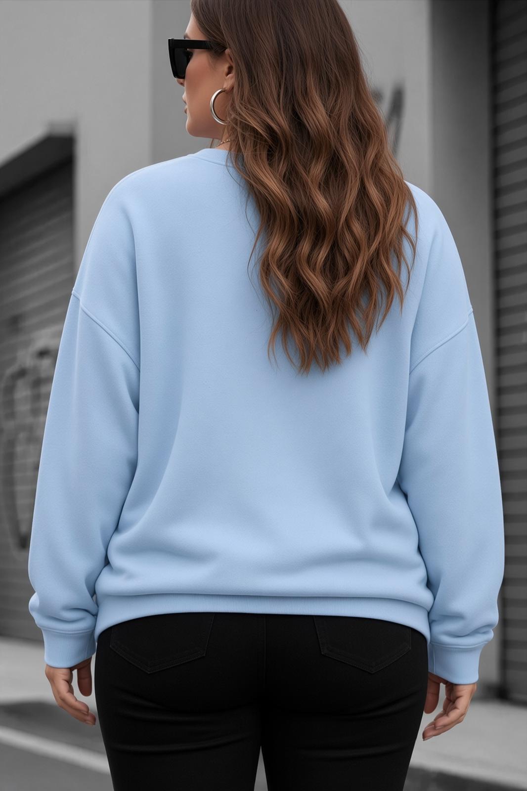 Uly Kadın Büyük Beden Battal Basic Bisiklet Yaka İki İplik Pamuklu Sweatshirt Rahat Kesim Unisex Sevgili Kombini