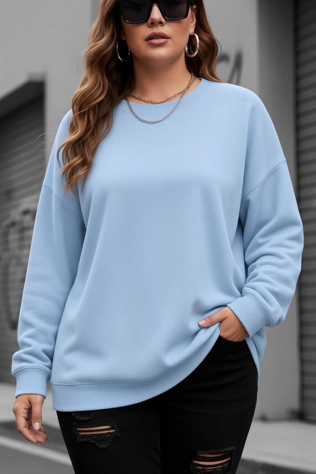 Uly Kadın Büyük Beden Battal Basic Bisiklet Yaka İki İplik Pamuklu Sweatshirt Rahat Kesim Unisex Sevgili Kombini
