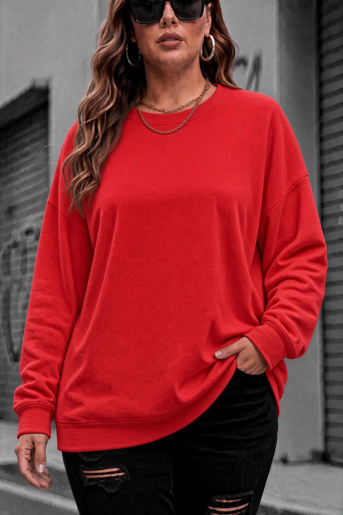 Uly Kadın Büyük Beden Battal Basic Bisiklet Yaka İki İplik Pamuklu Sweatshirt Rahat Kesim Unisex Sevgili Kombini