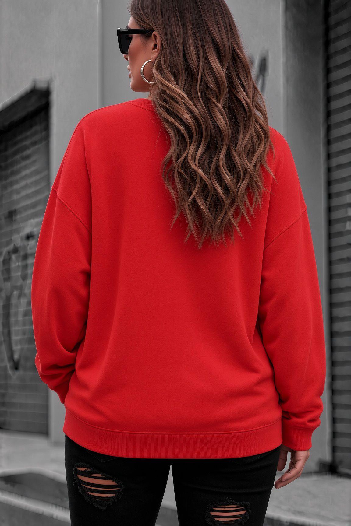 Uly Kadın Büyük Beden Battal Basic Bisiklet Yaka İki İplik Pamuklu Sweatshirt Rahat Kesim Unisex Sevgili Kombini
