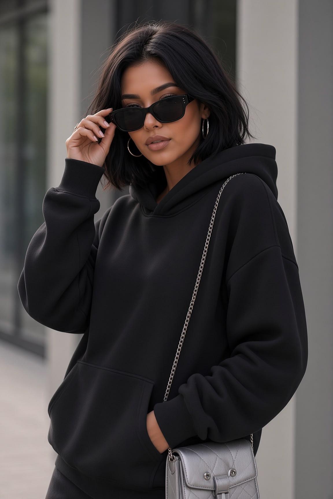 Bery Kadın İki İplik Şardonlu Oversize Kapüşonlu Basic Sweatshirt | Kanguru Cepli Düz Renk Günlük Hoodie