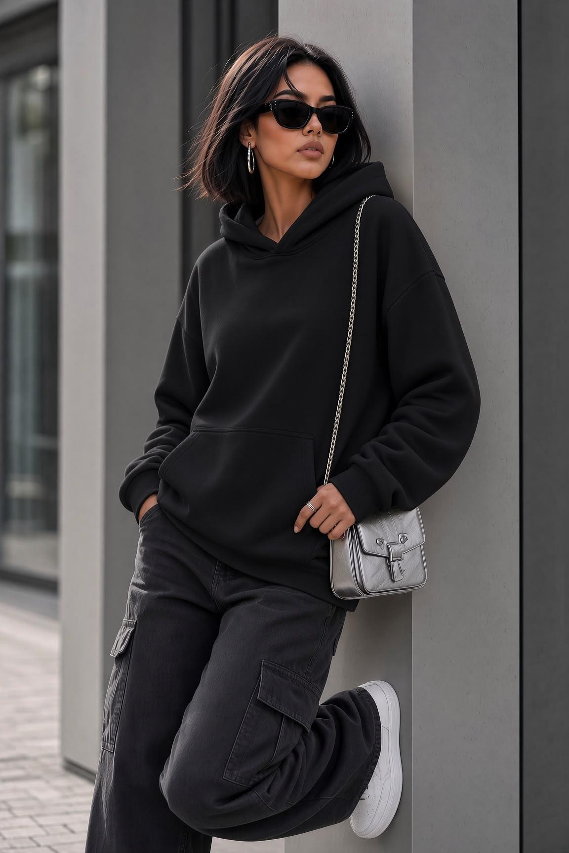 Bery Kadın İki İplik Şardonlu Oversize Kapüşonlu Basic Sweatshirt | Kanguru Cepli Düz Renk Günlük Hoodie