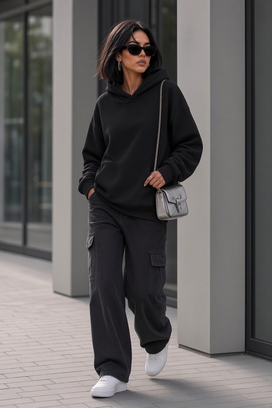 Bery Kadın İki İplik Şardonlu Oversize Kapüşonlu Basic Sweatshirt | Kanguru Cepli Düz Renk Günlük Hoodie