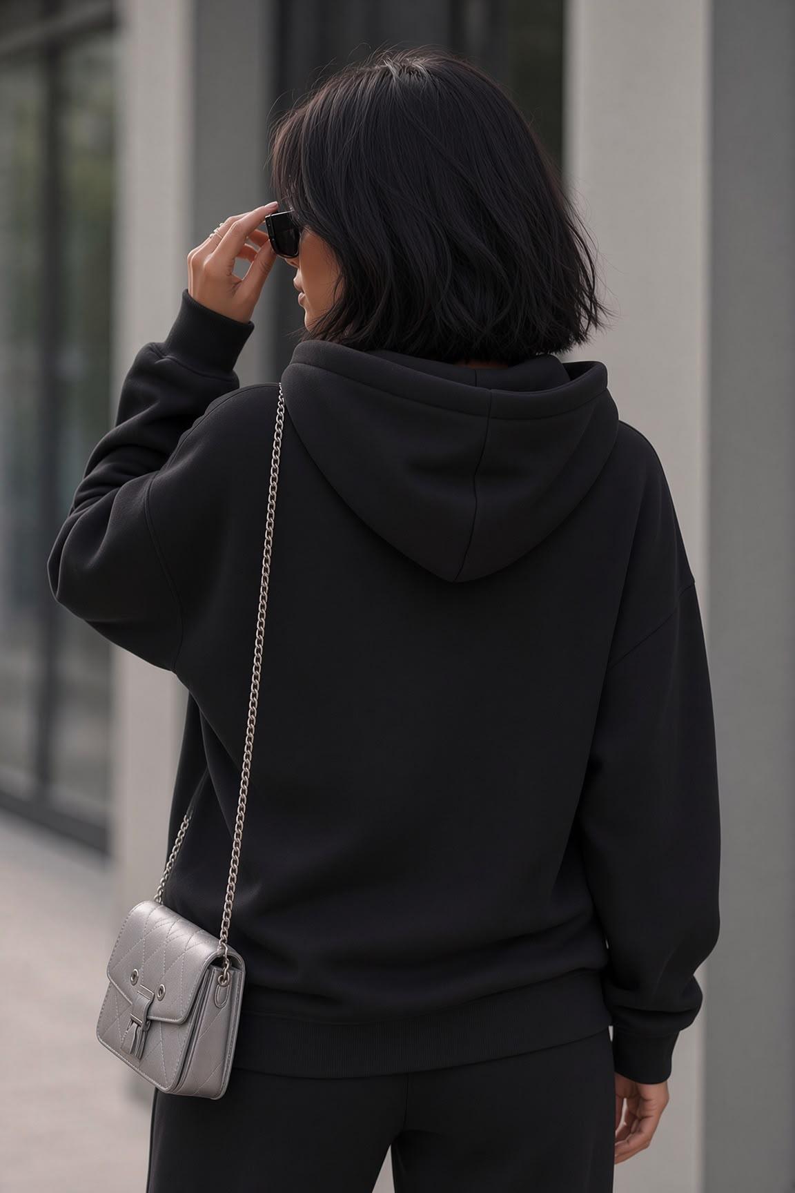 Bery Kadın İki İplik Şardonlu Oversize Kapüşonlu Basic Sweatshirt | Kanguru Cepli Düz Renk Günlük Hoodie