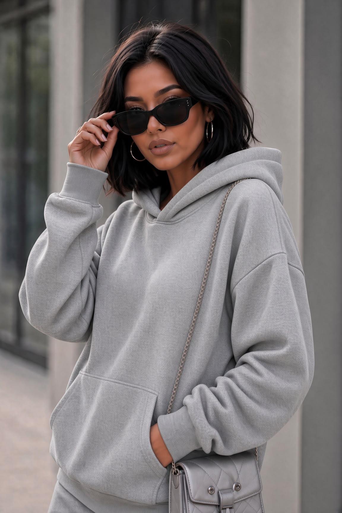 Bery Kadın İki İplik Şardonlu Oversize Kapüşonlu Basic Sweatshirt | Kanguru Cepli Düz Renk Günlük Hoodie