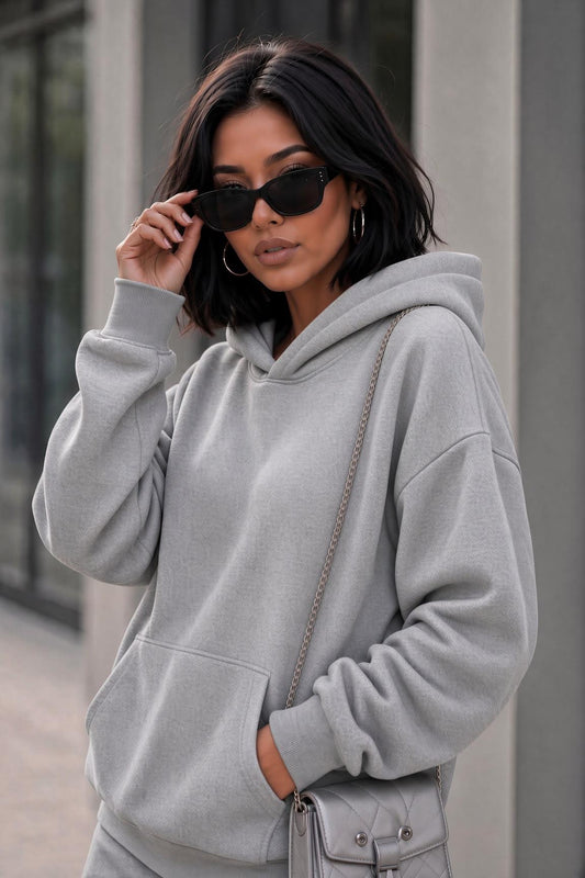 Bery Kadın İki İplik Şardonlu Oversize Kapüşonlu Basic Sweatshirt | Kanguru Cepli Düz Renk Günlük Hoodie