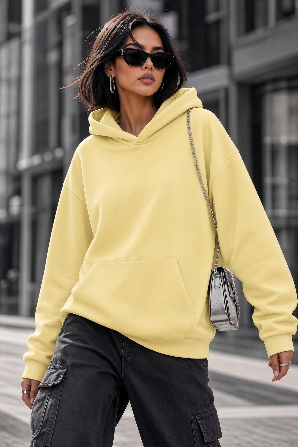 Bery Kadın İki İplik Şardonlu Oversize Kapüşonlu Basic Sweatshirt | Kanguru Cepli Düz Renk Günlük Hoodie