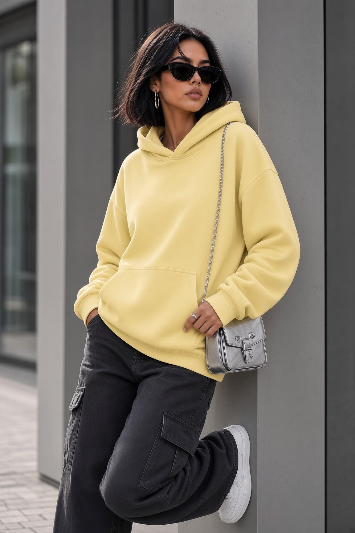 Bery Kadın İki İplik Şardonlu Oversize Kapüşonlu Basic Sweatshirt | Kanguru Cepli Düz Renk Günlük Hoodie