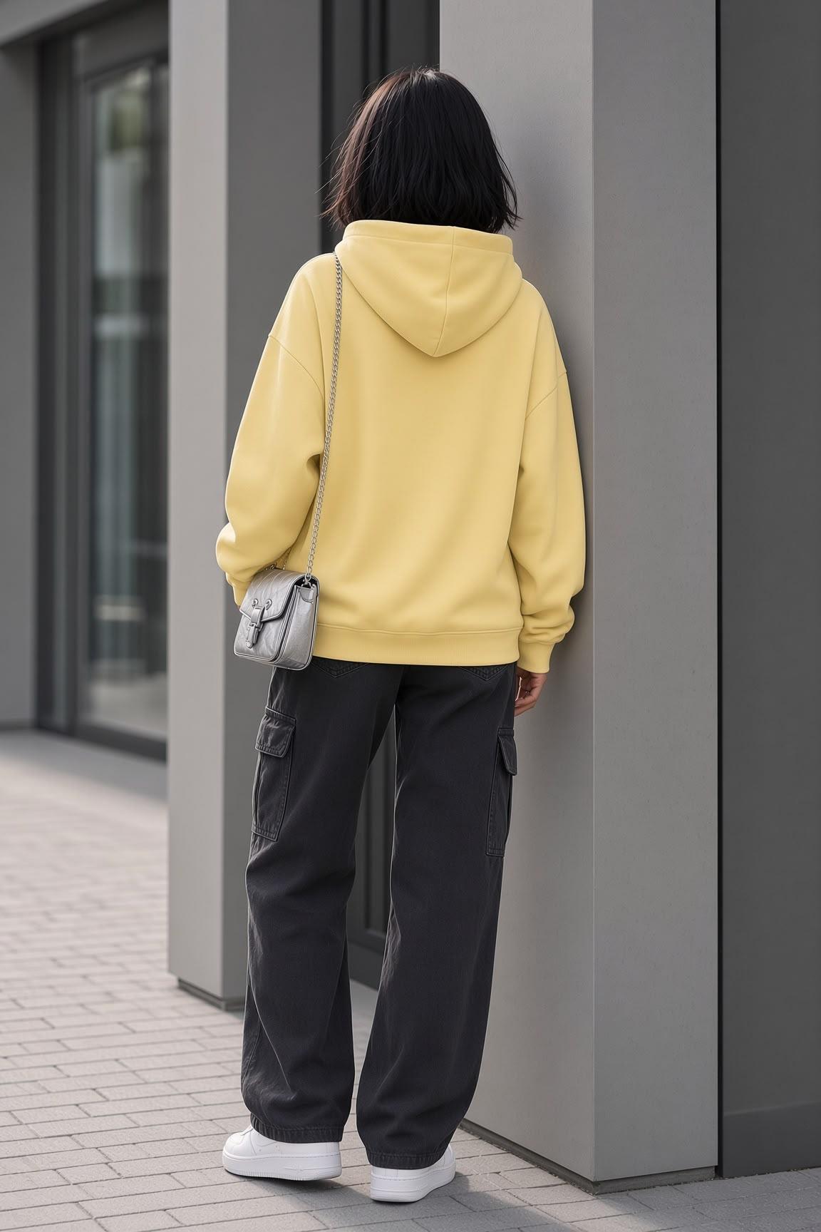 Bery Kadın İki İplik Şardonlu Oversize Kapüşonlu Basic Sweatshirt | Kanguru Cepli Düz Renk Günlük Hoodie
