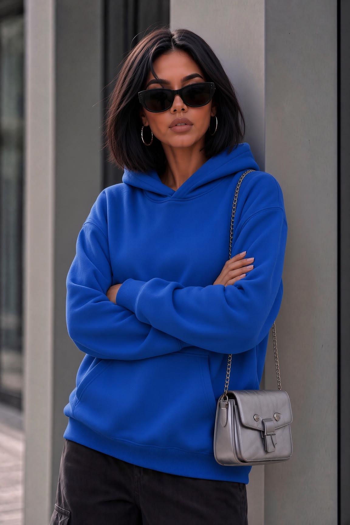 Bery Kadın İki İplik Şardonlu Oversize Kapüşonlu Basic Sweatshirt | Kanguru Cepli Düz Renk Günlük Hoodie