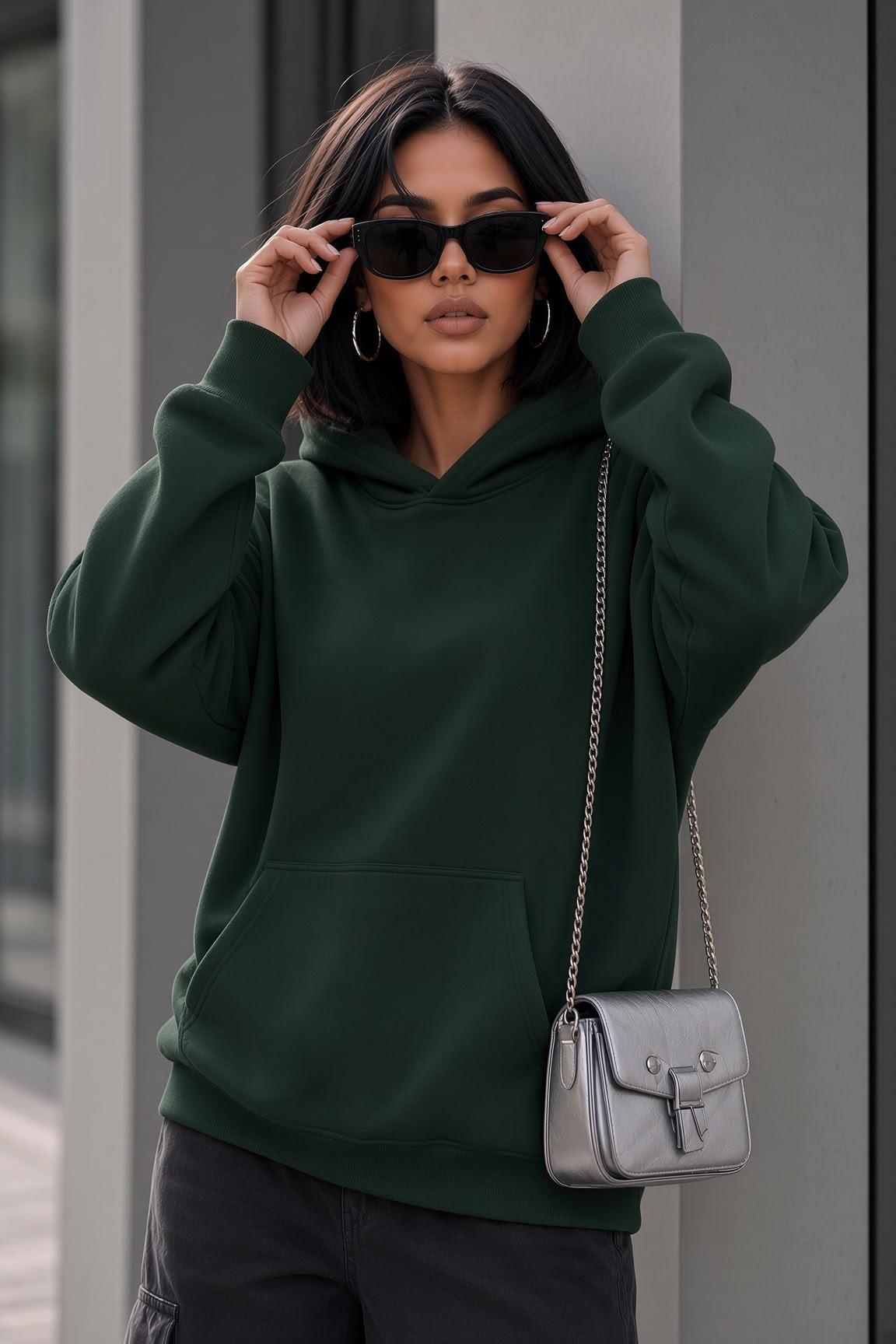 Bery Kadın İki İplik Şardonlu Oversize Kapüşonlu Basic Sweatshirt | Kanguru Cepli Düz Renk Günlük Hoodie