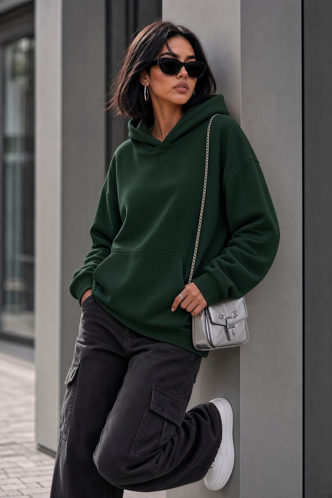 Bery Kadın İki İplik Şardonlu Oversize Kapüşonlu Basic Sweatshirt | Kanguru Cepli Düz Renk Günlük Hoodie