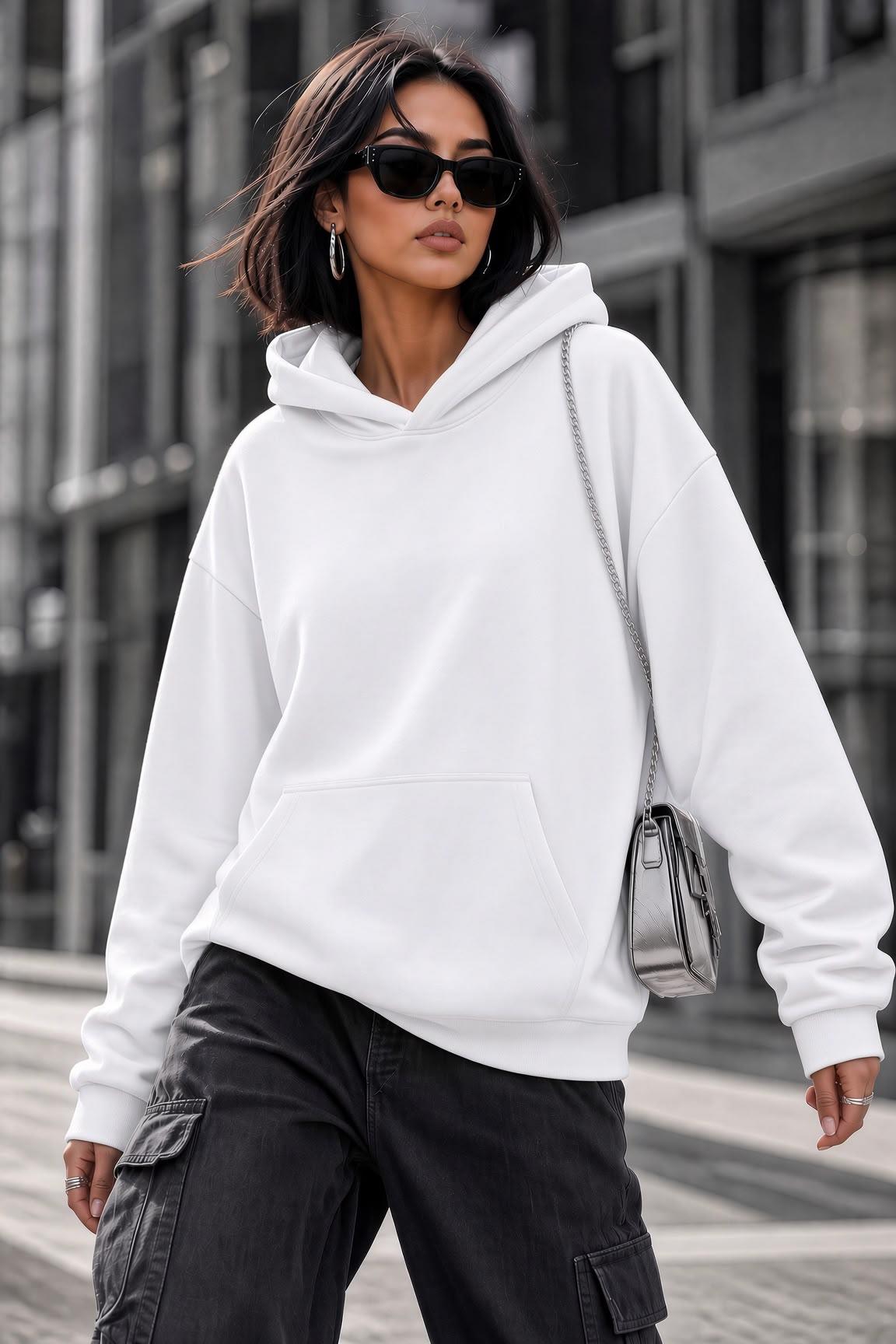 Bery Kadın İki İplik Şardonlu Oversize Kapüşonlu Basic Sweatshirt | Kanguru Cepli Düz Renk Günlük Hoodie