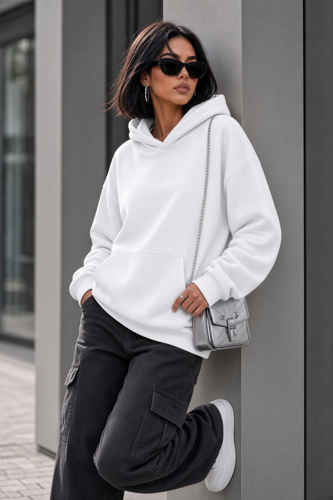 Bery Kadın İki İplik Şardonlu Oversize Kapüşonlu Basic Sweatshirt | Kanguru Cepli Düz Renk Günlük Hoodie
