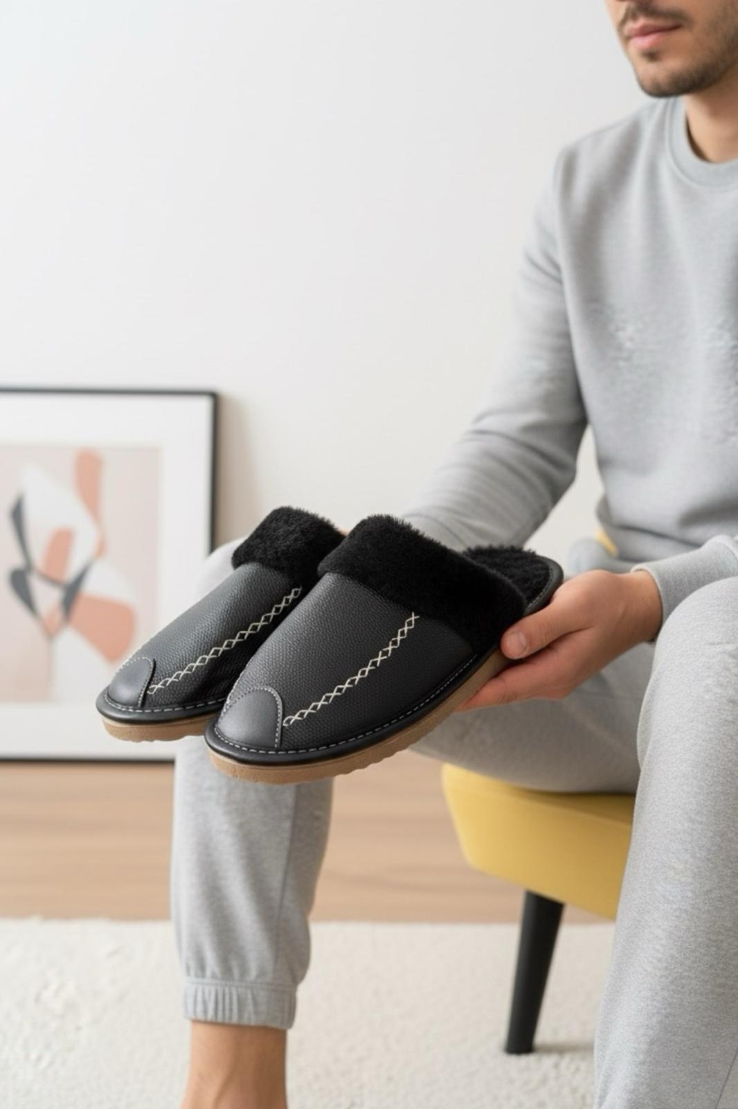 Bets Pofuduk Suni Deri İçi Kürklü Erkek Ev Terliği Ses Yapmaz Taban Misafir Terliği