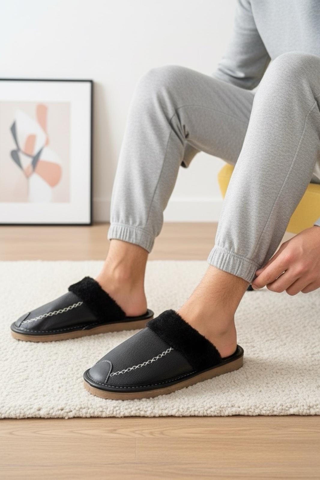 Bets Pofuduk Suni Deri İçi Kürklü Erkek Ev Terliği Ses Yapmaz Taban Misafir Terliği