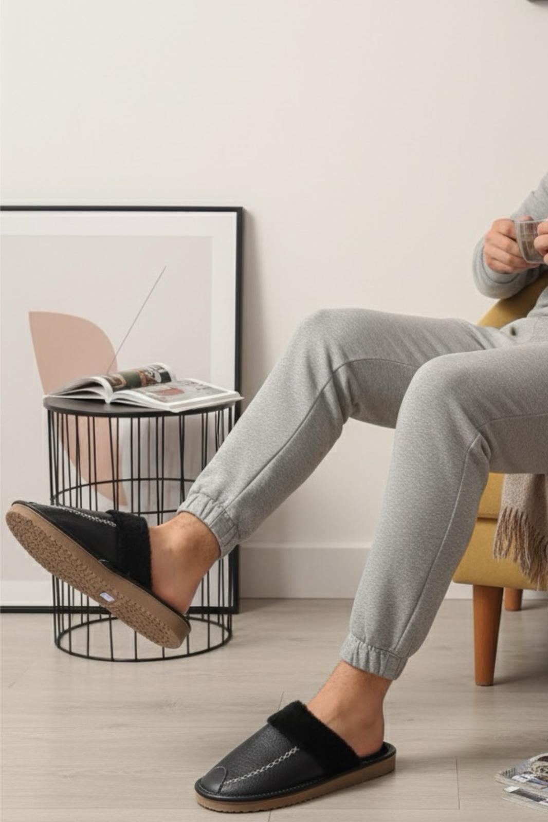 Bets Pofuduk Suni Deri İçi Kürklü Erkek Ev Terliği Ses Yapmaz Taban Misafir Terliği