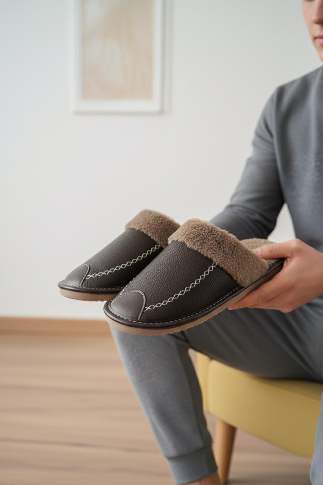 Bets Pofuduk Suni Deri İçi Kürklü Erkek Ev Terliği Ses Yapmaz Taban Misafir Terliği