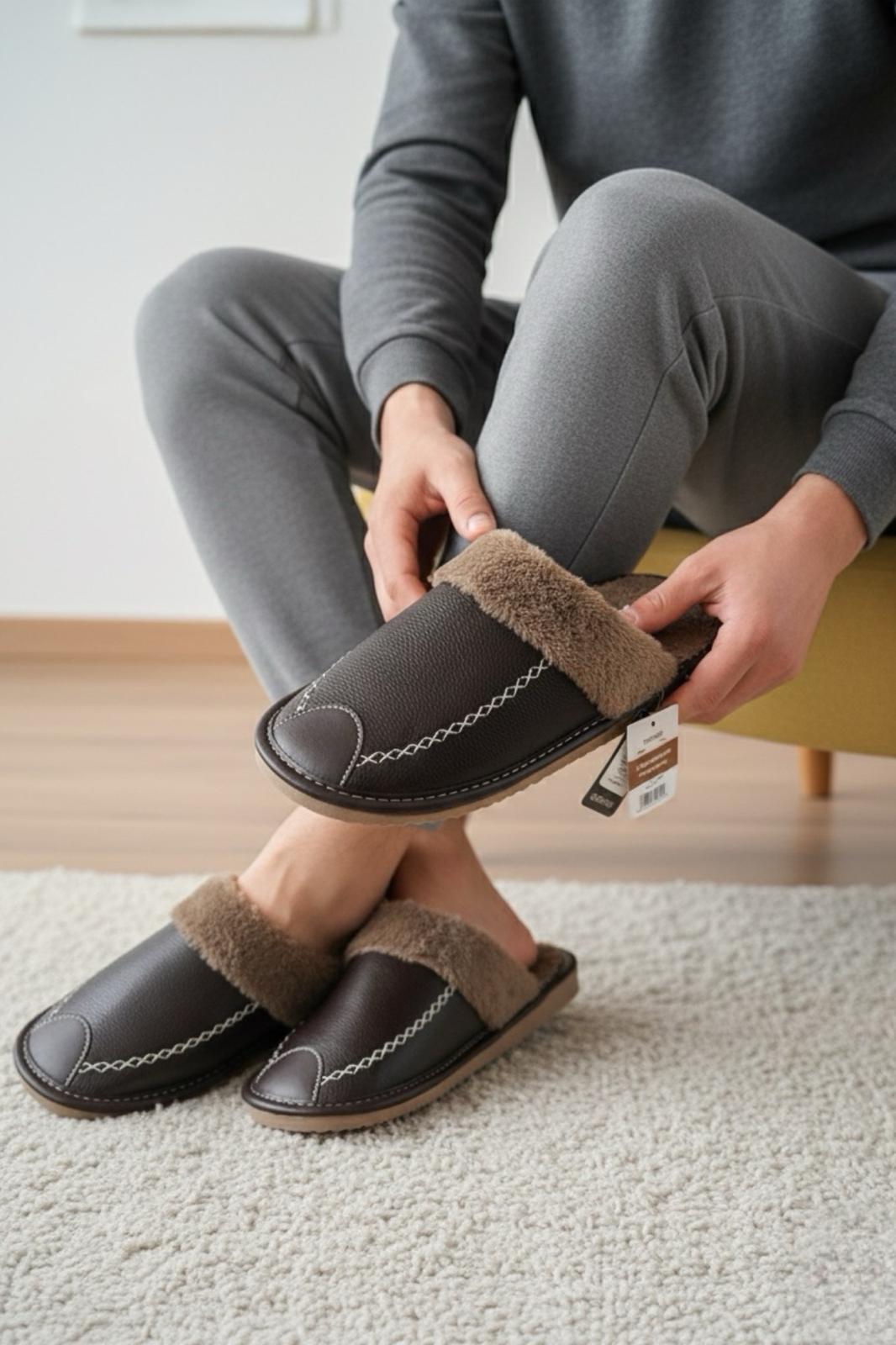 Bets Pofuduk Suni Deri İçi Kürklü Erkek Ev Terliği Ses Yapmaz Taban Misafir Terliği