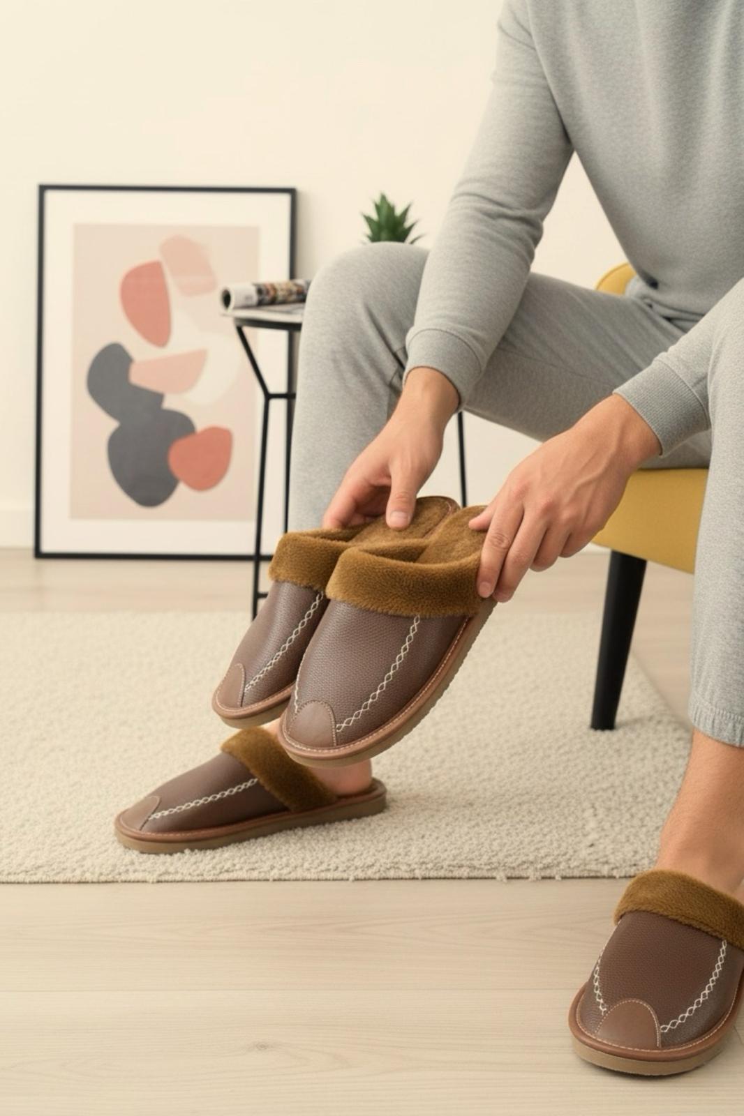 Bets Pofuduk Suni Deri İçi Kürklü Erkek Ev Terliği Ses Yapmaz Taban Misafir Terliği