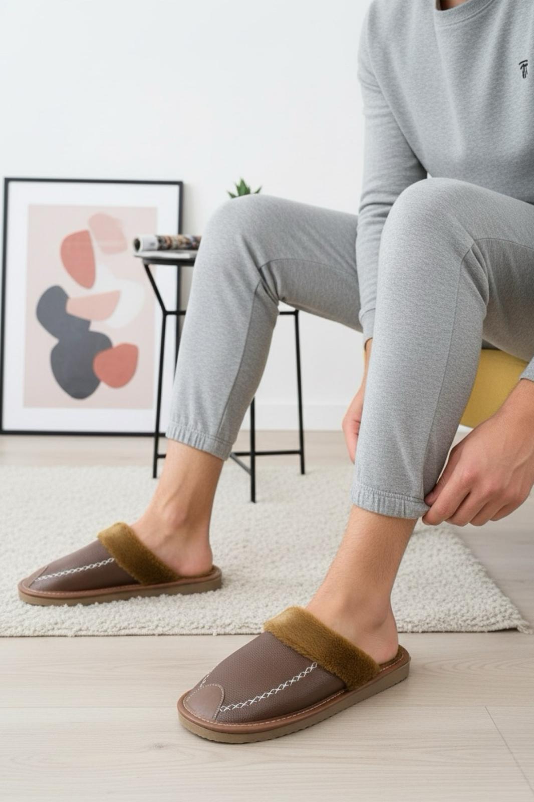 Bets Pofuduk Suni Deri İçi Kürklü Erkek Ev Terliği Ses Yapmaz Taban Misafir Terliği