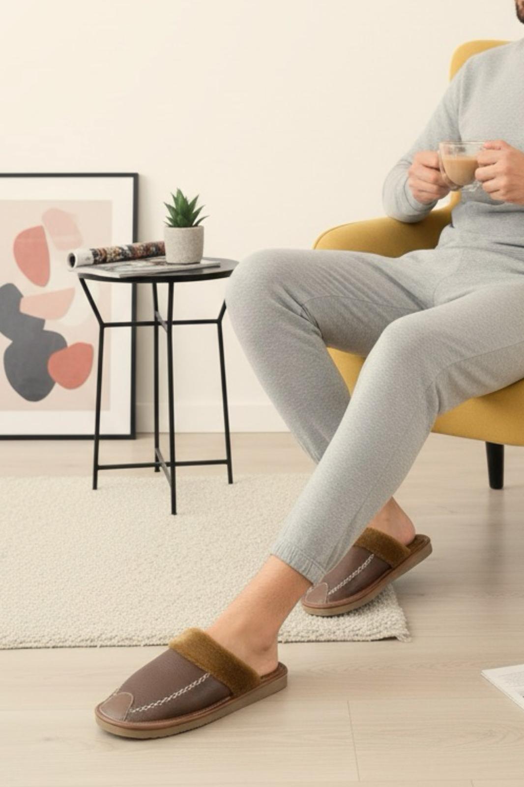 Bets Pofuduk Suni Deri İçi Kürklü Erkek Ev Terliği Ses Yapmaz Taban Misafir Terliği