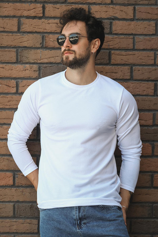 Betti Slim Fit Likralı Petek Kumaş Bisiklet Yaka Erkek Uzun Kol Tshirt