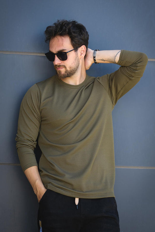 Betti Slim Fit Likralı Petek Kumaş Bisiklet Yaka Erkek Uzun Kol Tshirt