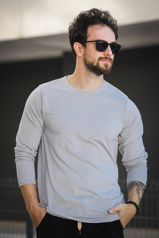 Betti Slim Fit Likralı Petek Kumaş Bisiklet Yaka Erkek Uzun Kol Tshirt