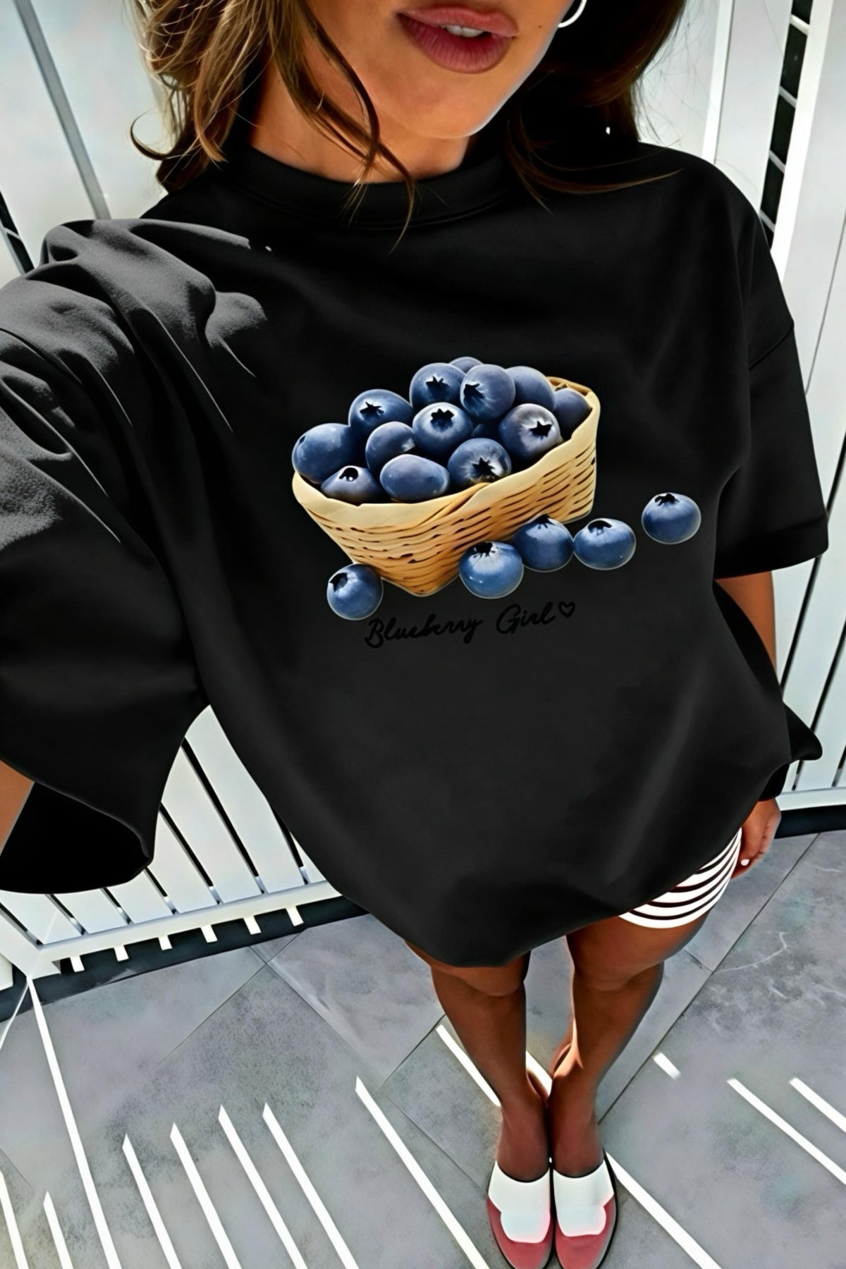 Blueberry Girl Tasarım Baskılı Pamuklu Oversize Kadın T-Shirt