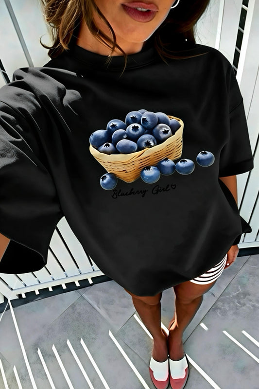 Blueberry Girl Tasarım Baskılı Pamuklu Oversize Kadın T-Shirt