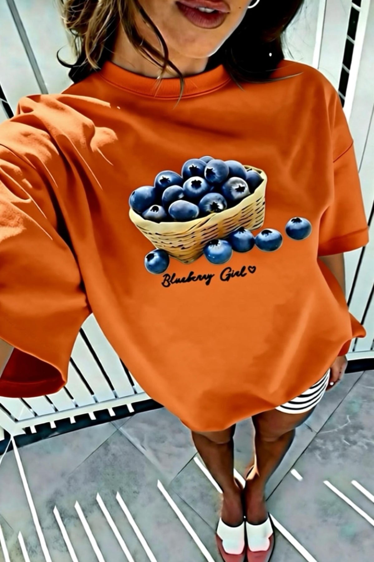 Blueberry Girl Tasarım Baskılı Pamuklu Oversize Kadın T-Shirt