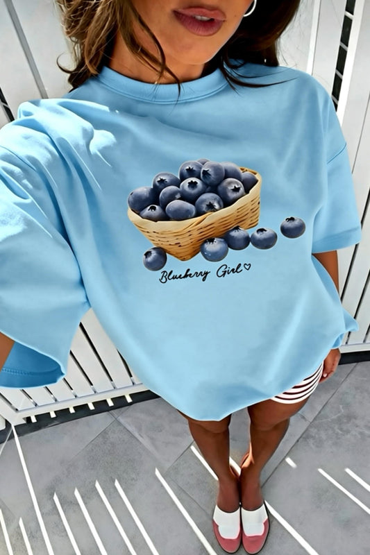 Blueberry Girl Tasarım Baskılı Pamuklu Oversize Kadın T-Shirt