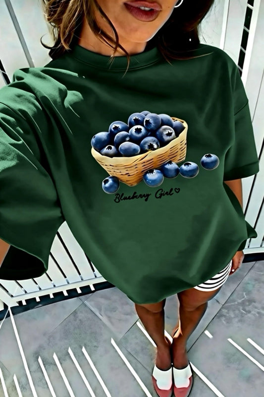 Blueberry Girl Tasarım Baskılı Pamuklu Oversize Kadın T-Shirt