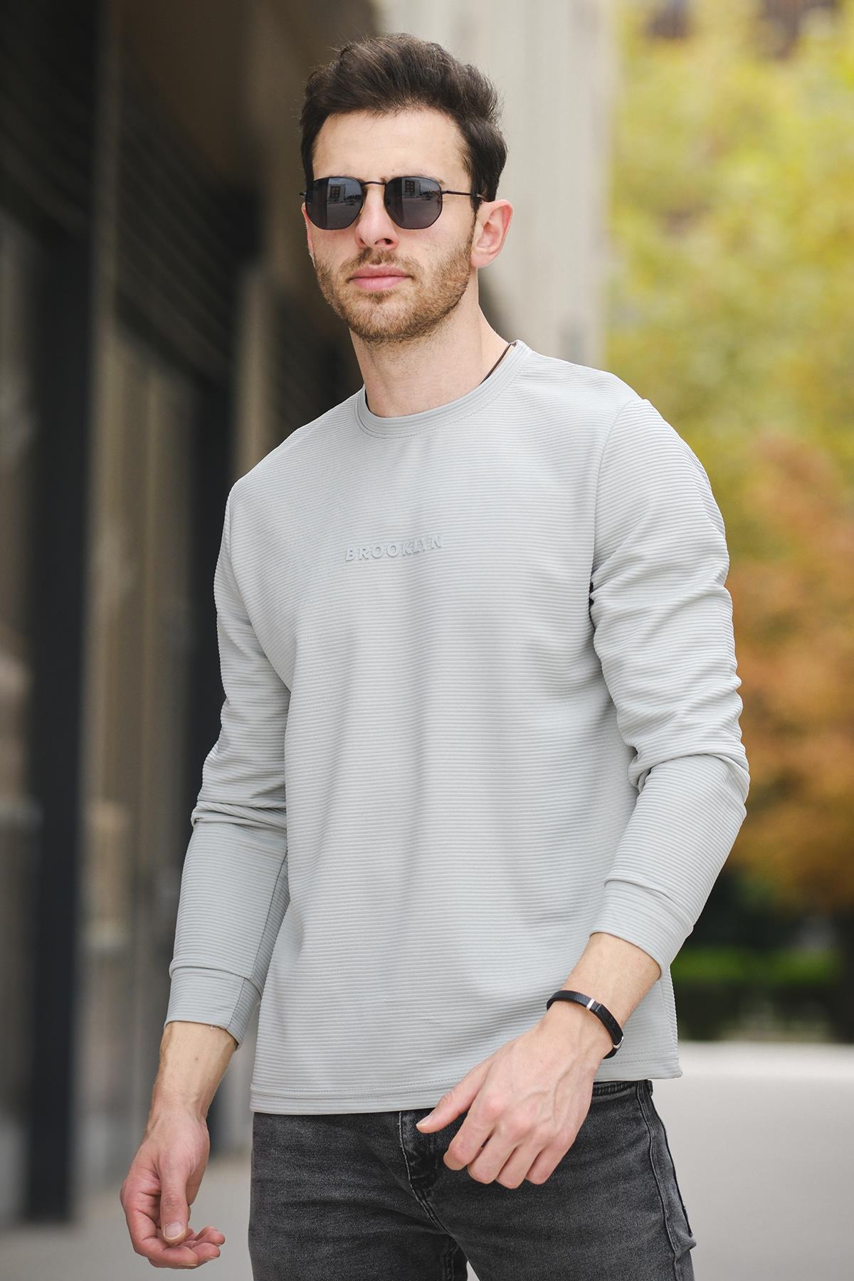 Boccel Brooklyn Baskılı Çizgili Otoban Kumaş Slim Fit Likralı Erkek Sweatshirt