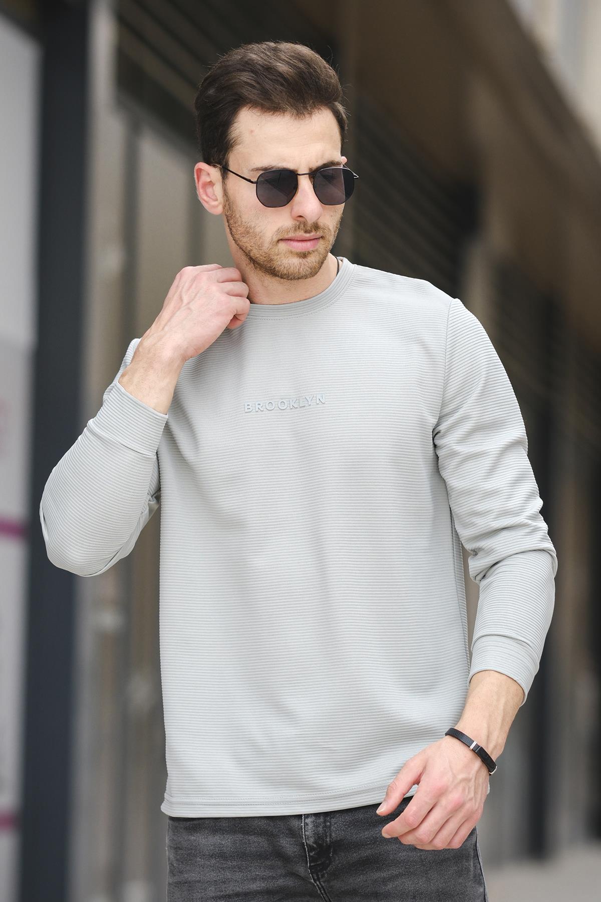 Boccel Brooklyn Baskılı Çizgili Otoban Kumaş Slim Fit Likralı Erkek Sweatshirt