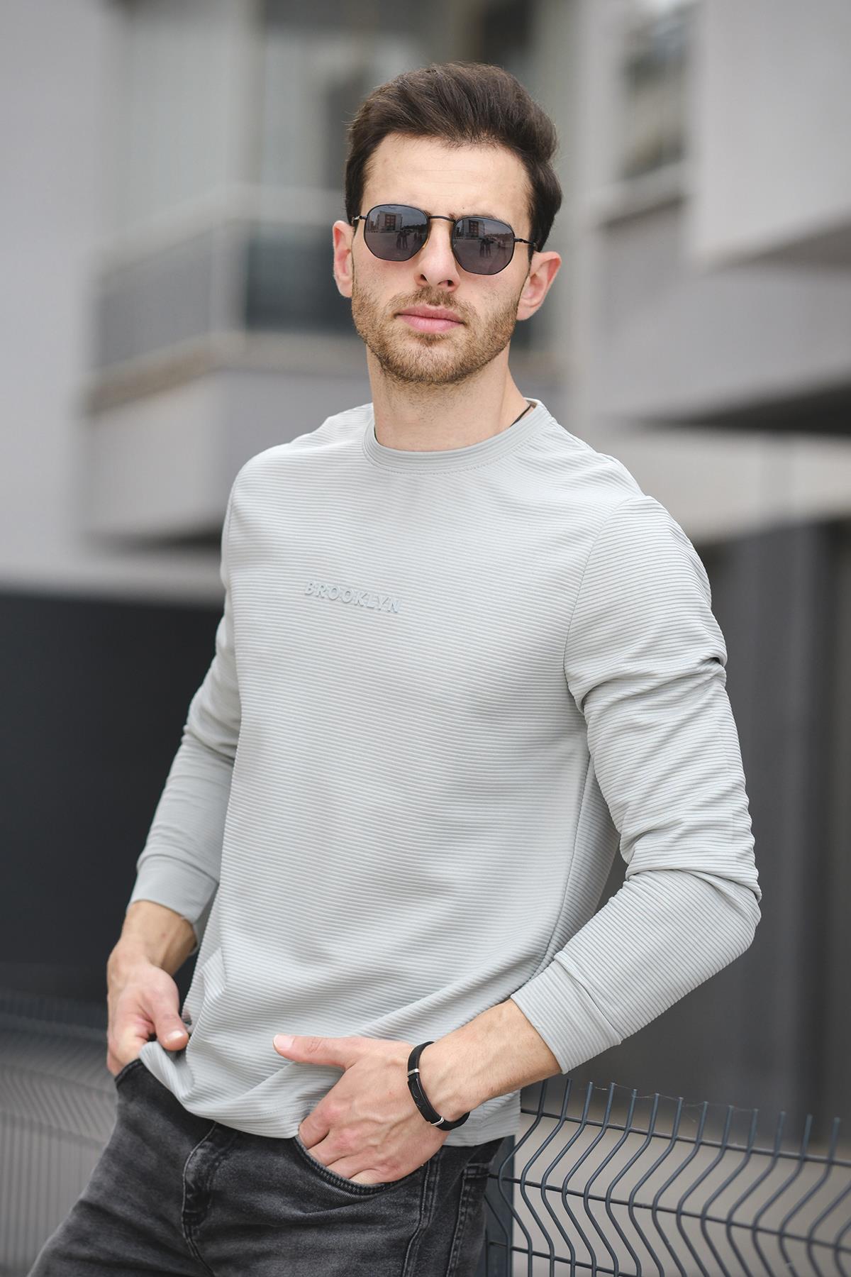 Boccel Brooklyn Baskılı Çizgili Otoban Kumaş Slim Fit Likralı Erkek Sweatshirt