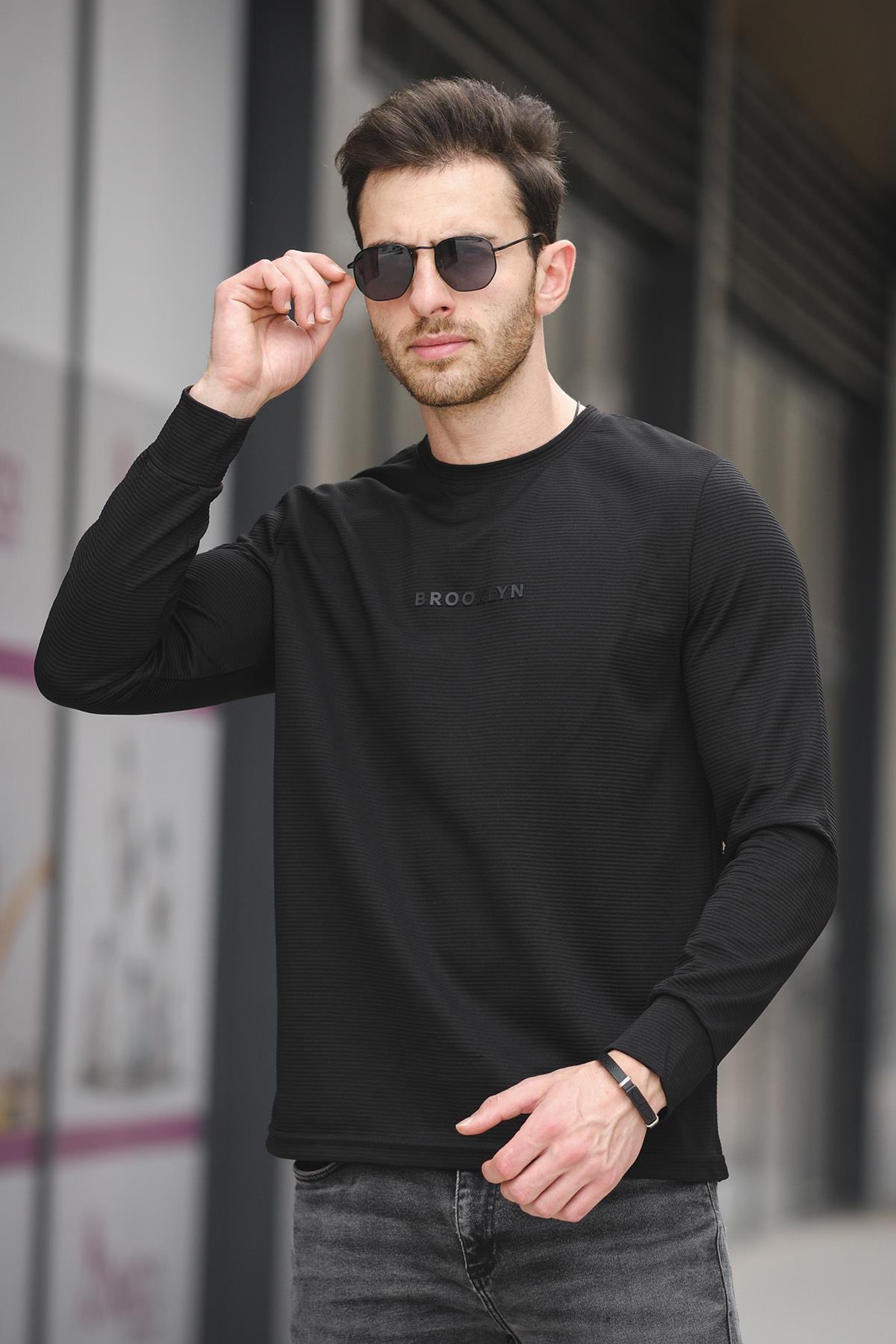 Boccel Brooklyn Baskılı Çizgili Otoban Kumaş Slim Fit Likralı Erkek Sweatshirt