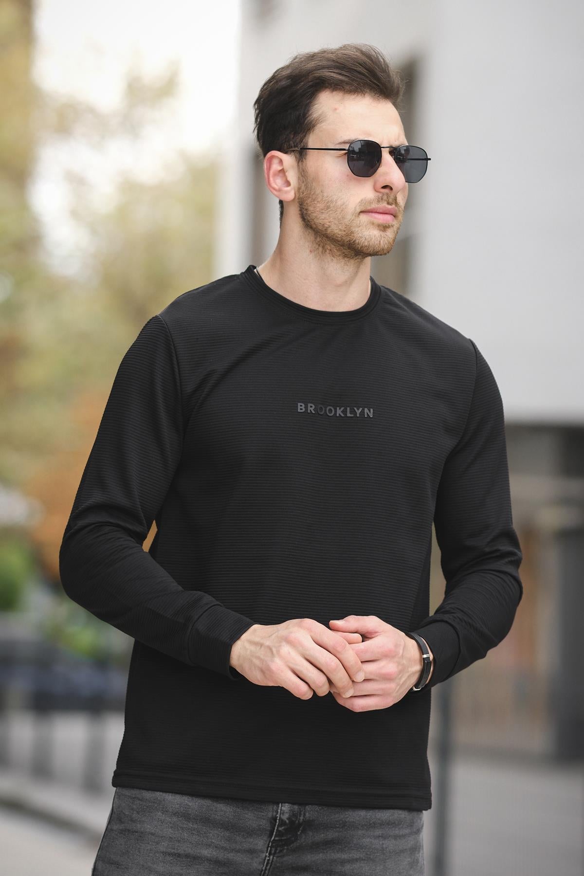 Boccel Brooklyn Baskılı Çizgili Otoban Kumaş Slim Fit Likralı Erkek Sweatshirt