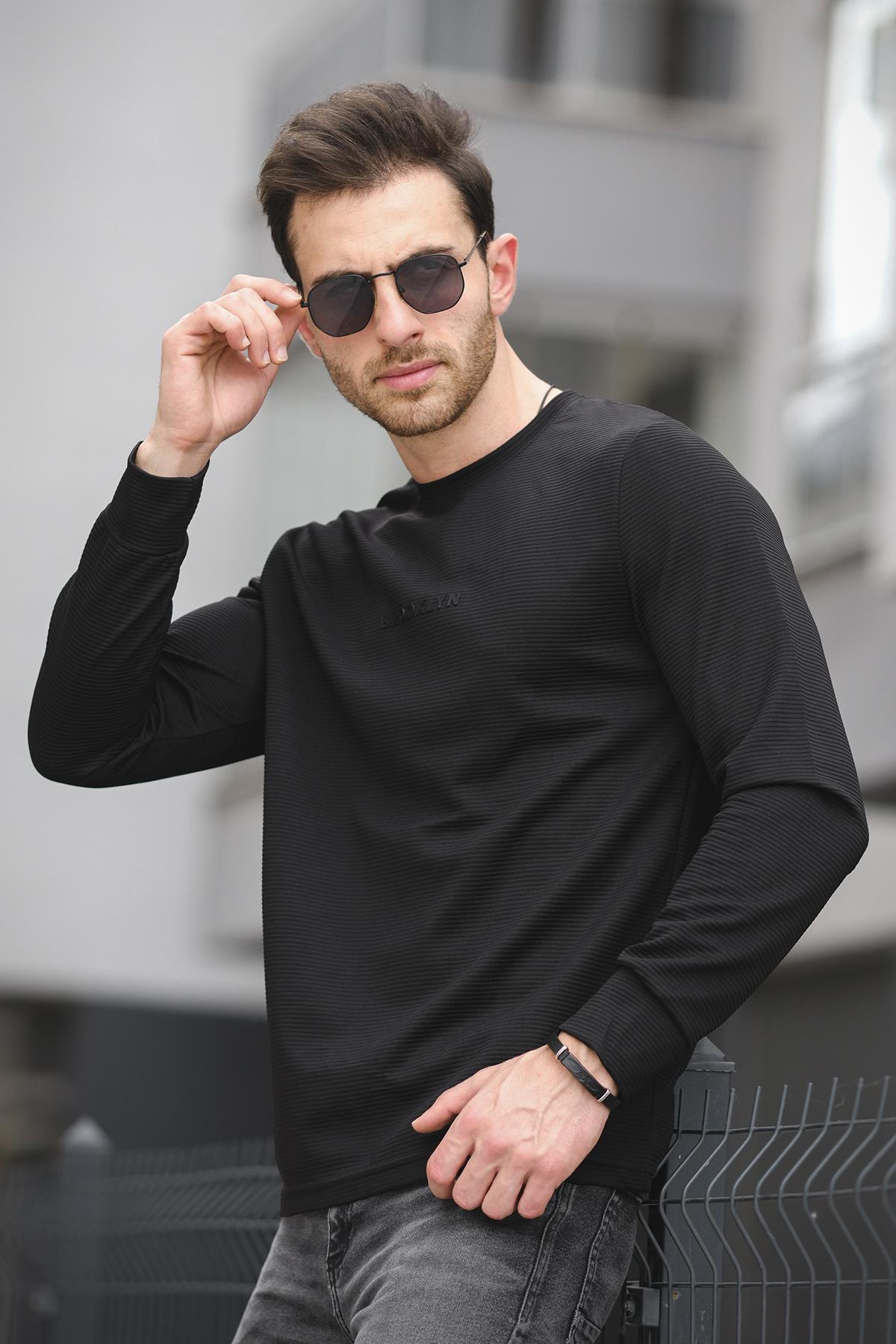 Boccel Brooklyn Baskılı Çizgili Otoban Kumaş Slim Fit Likralı Erkek Sweatshirt