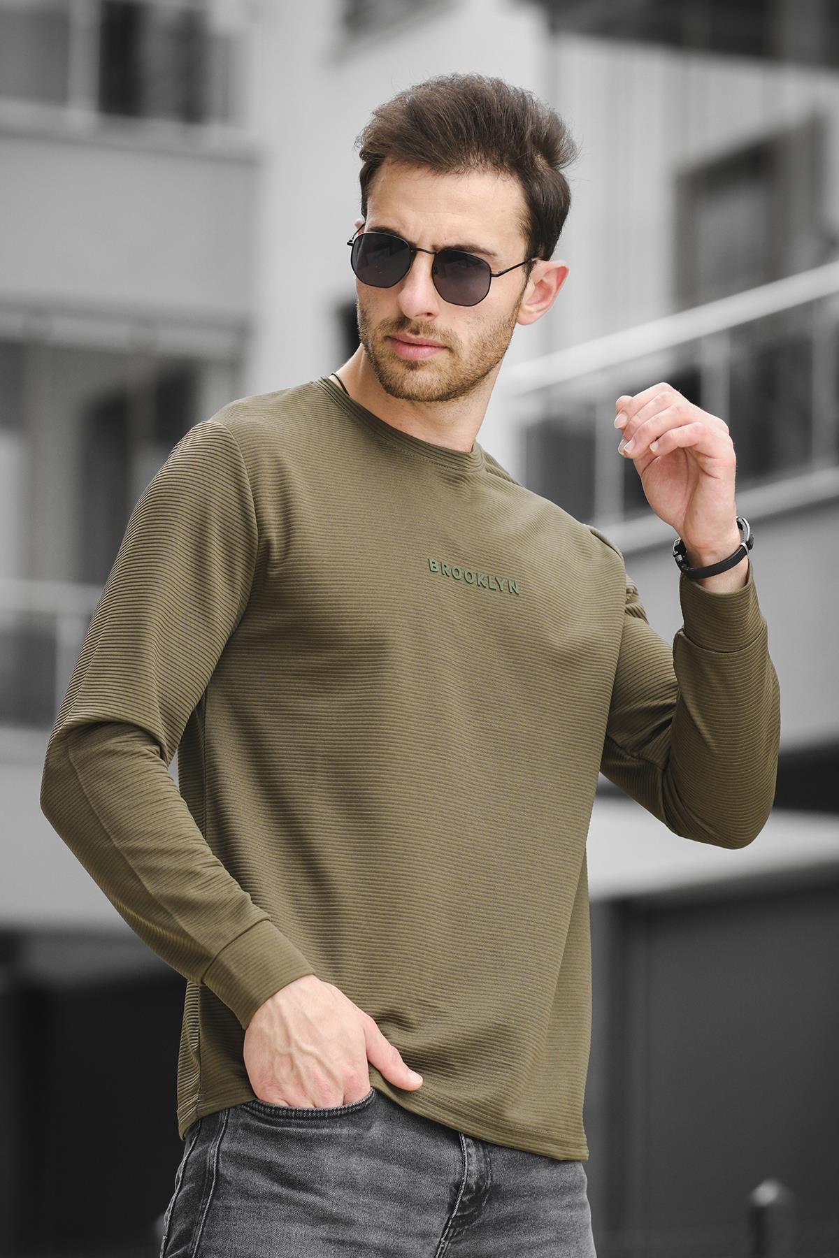 Boccel Brooklyn Baskılı Çizgili Otoban Kumaş Slim Fit Likralı Erkek Sweatshirt