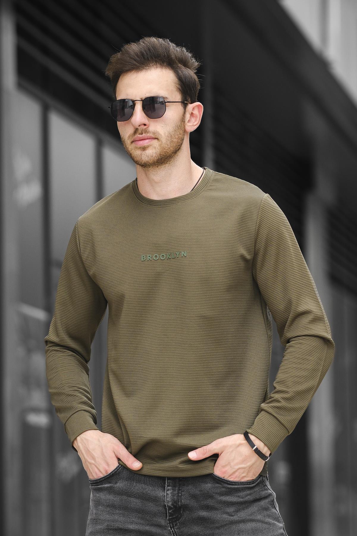 Boccel Brooklyn Baskılı Çizgili Otoban Kumaş Slim Fit Likralı Erkek Sweatshirt