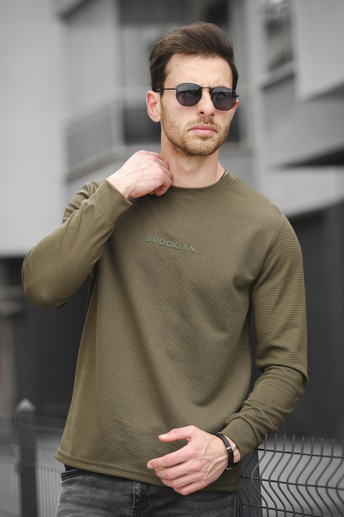 Boccel Brooklyn Baskılı Çizgili Otoban Kumaş Slim Fit Likralı Erkek Sweatshirt