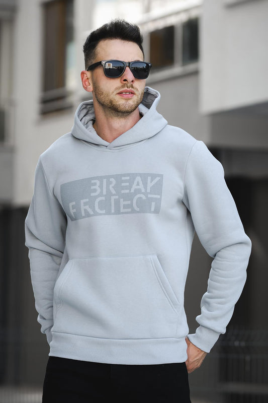 Break Üç İplik Şardonlu Baskılı Kapüşonlu Erkek Sweatshirt