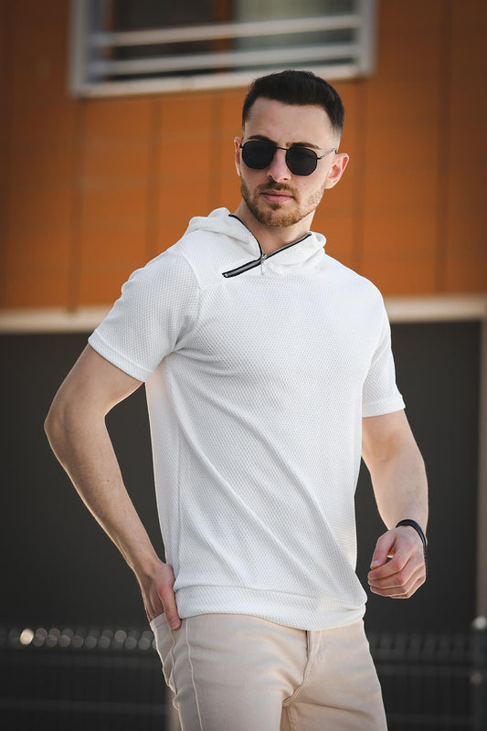 Valery Slim Fit Dokulu Fermuar Detaylı Kapüşonlu Erkek Tshirt