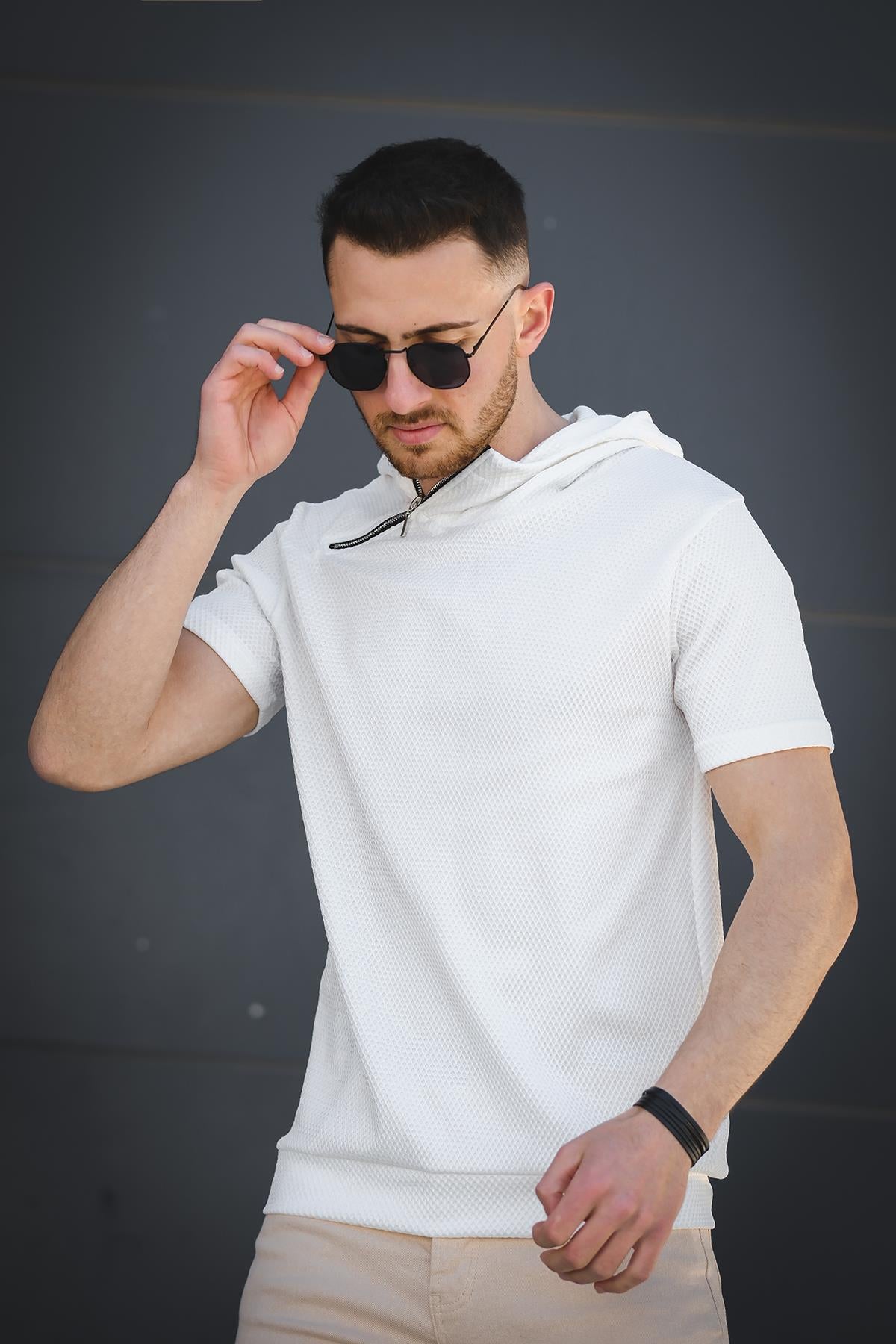 Valery Slim Fit Dokulu Fermuar Detaylı Kapüşonlu Erkek Tshirt