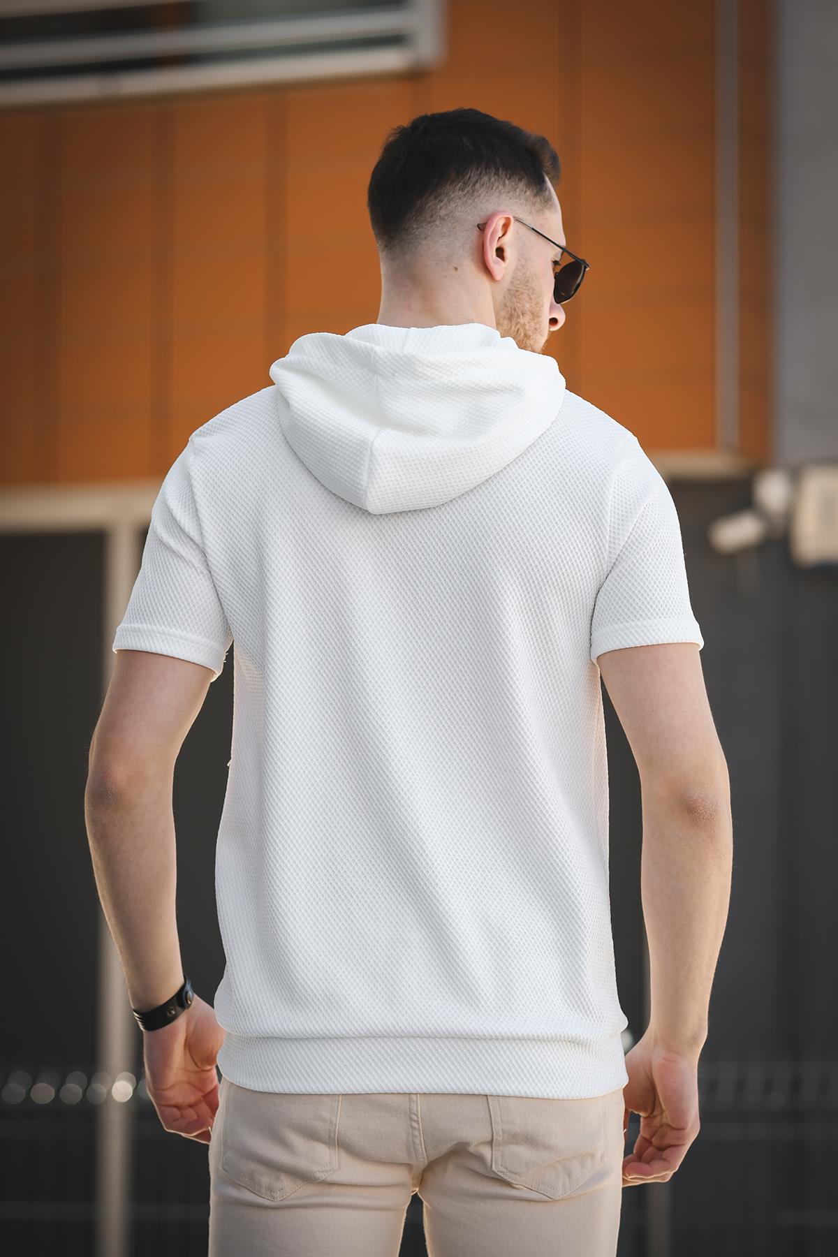 Valery Slim Fit Dokulu Fermuar Detaylı Kapüşonlu Erkek Tshirt