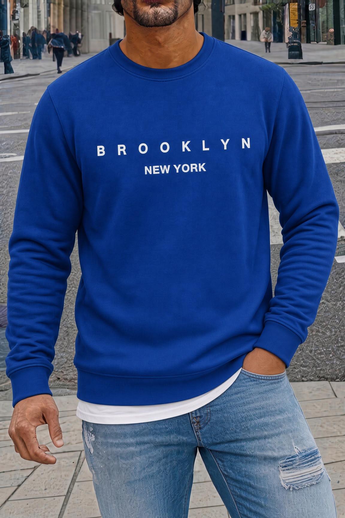 Bs Newyork Brooklyn Baskılı İki İplik Pamuklu Erkek Kanguru Cepli Kapüşonlu Sweatshirt / Hoodie